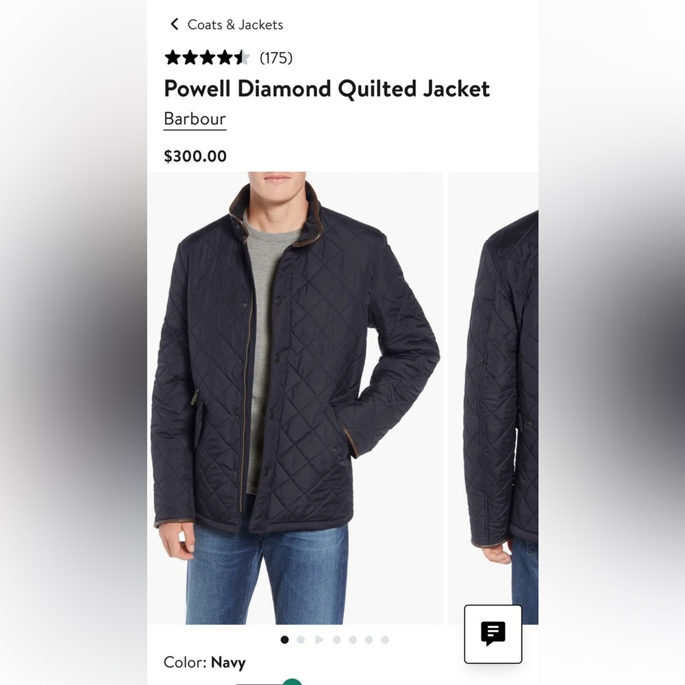 Barbour Men Small Navy Powell Diamond Quilted Jacket Stand Collar Fleece Interio